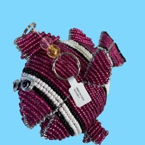 Pink‎ & Purple Beaded Fish Keychain Whimsical Charm Sea Ocean Oversized Charm